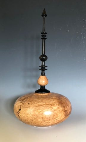 WT #143 Hollow Form Vessel from Spalted Maple Burl with Maple and Gaboon Ebony Finial.