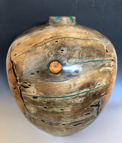 WT #152, Hollow Form Vessel from Beetle Killed Ponderosa Pine with Malachite and Jet inlay.