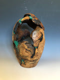 WT #125, Hollow Form Vessel from White Oak Root Burl with Malachite inlay.