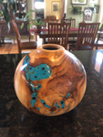 WT #71, Hollow Form Vessel from Spalted Aspen with Turquoise & Coal inlay.  SOLD