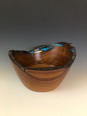 WT #57, Live Edge Bowl from Russian Olive with Turquoise inlay.  SOLD